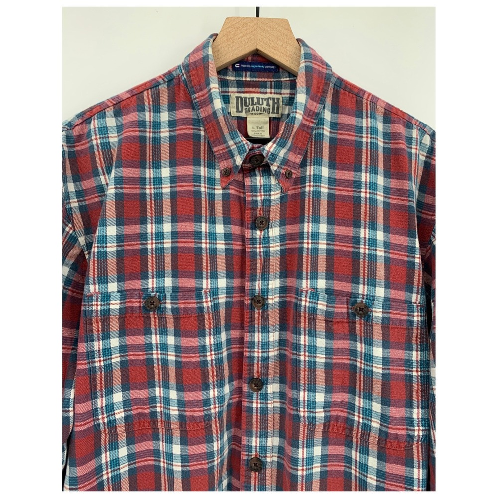 Duluth Trading Co Shirt Mens Large Tall Red Blue Plaid MagnaReady Magnetic Fall